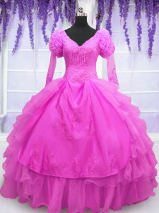 Discount Long Sleeves Floor Length Lace Up Quince Ball Gowns Hot Pink for Military Ball and Sweet 16 and Quinceanera with Beading and Embroidery and Hand Made Flower