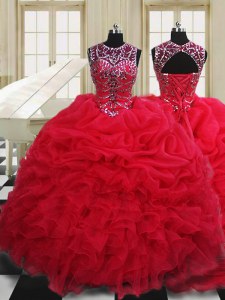 Fantastic Red Organza Lace Up Scoop Sleeveless Floor Length Ball Gown Prom Dress Beading and Pick Ups