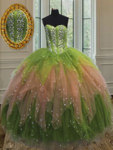 Multi-color Tulle Lace Up Sweet 16 Dress Sleeveless Floor Length Beading and Ruffles and Sequins