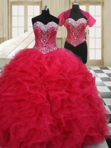 Graceful Ball Gowns Sweet 16 Dress Red Sweetheart Organza Sleeveless Floor Length Lace Up