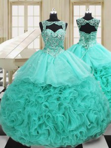 Apple Green Sweet 16 Quinceanera Dress Military Ball and Sweet 16 and Quinceanera and For with Beading and Ruffles Scoop Sleeveless Court Train Lace Up