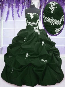 Custom Made Dark Green and Peacock Green Lace Up Strapless Appliques and Pick Ups Sweet 16 Quinceanera Dress Taffeta Sleeveless