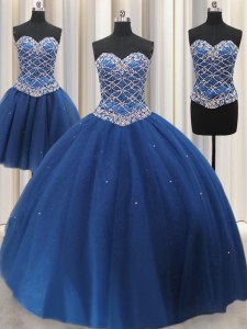 Pretty Three Piece Blue Sleeveless Beading and Sequins Floor Length Quince Ball Gowns