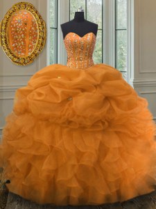 New Arrival Orange 15th Birthday Dress Military Ball and Sweet 16 and Quinceanera and For with Beading and Ruffles and Pick Ups Sweetheart Sleeveless Lace Up