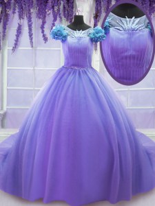 Scoop Tulle Short Sleeves 15 Quinceanera Dress Court Train and Hand Made Flower