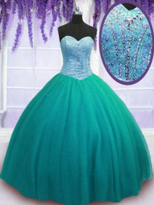 Turquoise Lace Up 15th Birthday Dress Beading Sleeveless Floor Length