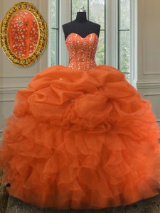 Lovely Organza Sweetheart Sleeveless Lace Up Beading and Ruffles and Pick Ups Sweet 16 Dress in Orange Red