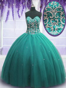 Luxury Floor Length Turquoise Sweet 16 Dresses Tulle Sleeveless Beading