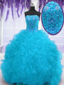 Hot Sale Aqua Blue Ball Gowns Strapless Sleeveless Organza With Brush Train Lace Up Beading and Ruffles Quinceanera Gowns