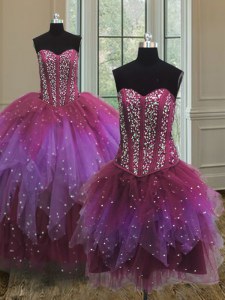 Deluxe Three Piece Tulle Sweetheart Sleeveless Lace Up Beading and Ruffles and Sequins Sweet 16 Dresses in Multi-color