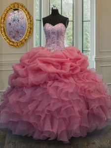 Watermelon Red Ball Gowns Organza Sweetheart Sleeveless Beading and Pick Ups Floor Length Lace Up Quinceanera Dresses