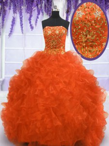 With Train Lace Up Sweet 16 Dress Orange Red for Military Ball and Sweet 16 and Quinceanera with Beading and Appliques and Ruffles Brush Train