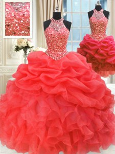 Modest Three Piece Red Organza Lace Up Quinceanera Gowns Sleeveless Floor Length Beading and Pick Ups