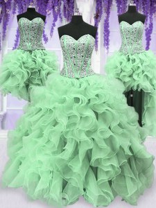 Sexy Four Piece Apple Green Ball Gowns Beading and Ruffles 15 Quinceanera Dress Lace Up Organza Sleeveless Floor Length