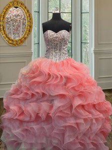 Fantastic Organza Sweetheart Sleeveless Lace Up Beading and Ruffles Quinceanera Dress in Watermelon Red