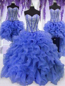 Dynamic Four Piece Sequins Sweetheart Sleeveless Lace Up Quinceanera Dresses Royal Blue Organza