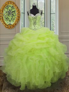 On Sale Organza Straps Sleeveless Zipper Beading and Ruffles Quince Ball Gowns in Yellow Green