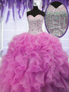 Superior Rose Pink Sweet 16 Dress Military Ball and Sweet 16 and Quinceanera and For with Sequins Sweetheart Sleeveless Lace Up