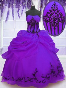 Purple Strapless Lace Up Embroidery 15th Birthday Dress Sleeveless