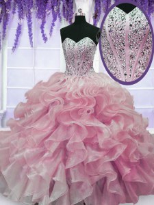 New Arrival Rose Pink Sweetheart Lace Up Beading and Ruffles Vestidos de Quinceanera Sleeveless
