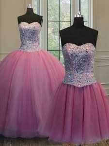 Fantastic Three Piece Rose Pink Ball Gowns Organza Sweetheart Sleeveless Beading Floor Length Lace Up Quince Ball Gowns
