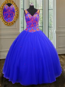 Designer Royal Blue V-neck Neckline Beading and Sequins Sweet 16 Dresses Sleeveless Zipper