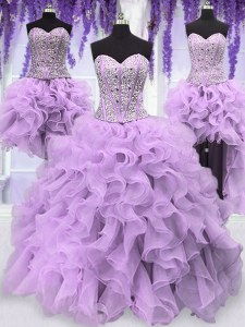 New Arrival Four Piece Floor Length Lace Up Quince Ball Gowns Lavender for Military Ball and Sweet 16 and Quinceanera with Ruffles and Sequins