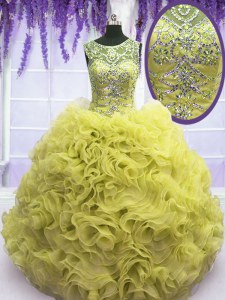 Yellow Scoop Neckline Beading and Ruffles Sweet 16 Dresses Sleeveless Lace Up