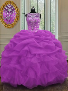 Dazzling Scoop Lilac Ball Gowns Beading and Pick Ups Quince Ball Gowns Lace Up Organza Sleeveless Floor Length