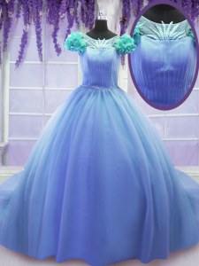 Luxury Scoop Short Sleeves Sweet 16 Quinceanera Dress Court Train Hand Made Flower Blue Tulle