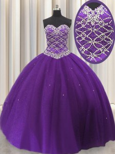 Floor Length Lace Up Sweet 16 Dress Eggplant Purple for Military Ball and Sweet 16 and Quinceanera with Beading and Sequins