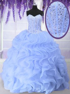 Latest Floor Length Light Blue Quinceanera Dress Organza Sleeveless Beading and Ruffles