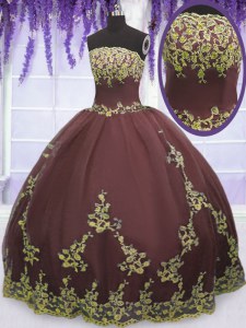 Floor Length Zipper Quinceanera Gowns Chocolate for Military Ball and Sweet 16 and Quinceanera with Lace and Appliques