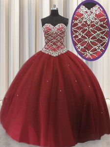 Customized Red Sleeveless Floor Length Beading and Sequins Lace Up Quinceanera Dress