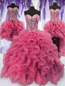 Chic Four Piece Pink Sweetheart Neckline Ruffled Layers and Sequins Quinceanera Gowns Sleeveless Lace Up