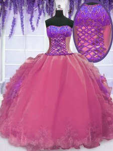 High Quality Hot Pink Strapless Lace Up Embroidery and Ruffles 15th Birthday Dress Sleeveless
