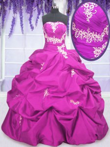 Exquisite Fuchsia Ball Gowns Taffeta Strapless Sleeveless Appliques and Pick Ups Floor Length Lace Up Quinceanera Dresses