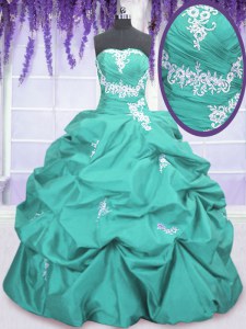 Aqua Blue Strapless Neckline Appliques and Ruching and Pick Ups 15th Birthday Dress Sleeveless Lace Up