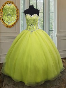 Yellow Green Column/Sheath Sweetheart Sleeveless Organza Floor Length Lace Up Beading and Belt 15th Birthday Dress