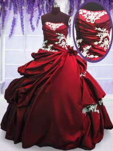 Wine Red Strapless Lace Up Appliques and Pick Ups Quinceanera Dresses Sleeveless