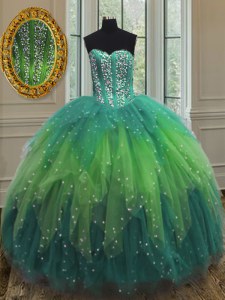 Classical Multi-color Ball Gowns Beading and Ruffles and Sequins Quinceanera Gowns Lace Up Tulle Sleeveless Floor Length