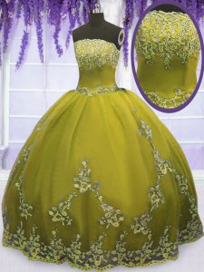 Floor Length Olive Green Quinceanera Gown Tulle Sleeveless Appliques