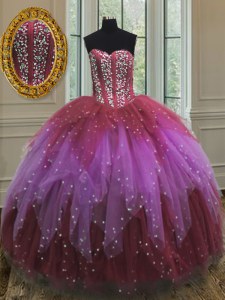Fantastic Sweetheart Sleeveless Quinceanera Dresses Floor Length Beading and Ruffles and Sequins Multi-color Tulle