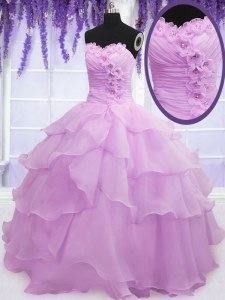 Lilac Sleeveless Floor Length Beading and Ruffled Layers and Hand Made Flower Lace Up Vestidos de Quinceanera