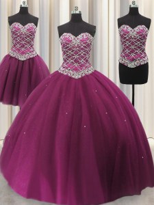 Three Piece Sleeveless Lace Up Floor Length Beading and Sequins Ball Gown Prom Dress