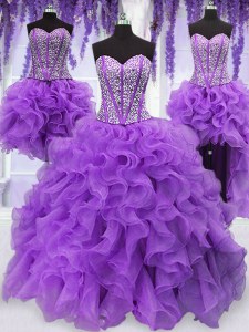 Four Piece Organza Sleeveless Floor Length Quinceanera Dress and Ruffles and Sequins