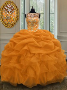 Affordable Scoop Floor Length Gold Quinceanera Dress Organza Sleeveless Beading and Pick Ups