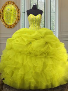 Beading and Ruffles and Pick Ups 15 Quinceanera Dress Yellow Lace Up Sleeveless Floor Length