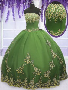 Custom Designed Ball Gowns Quince Ball Gowns Olive Green Strapless Tulle Sleeveless Floor Length Zipper