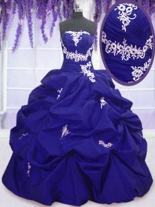 Customized Strapless Sleeveless Quinceanera Dress Floor Length Appliques and Pick Ups Royal Blue Taffeta